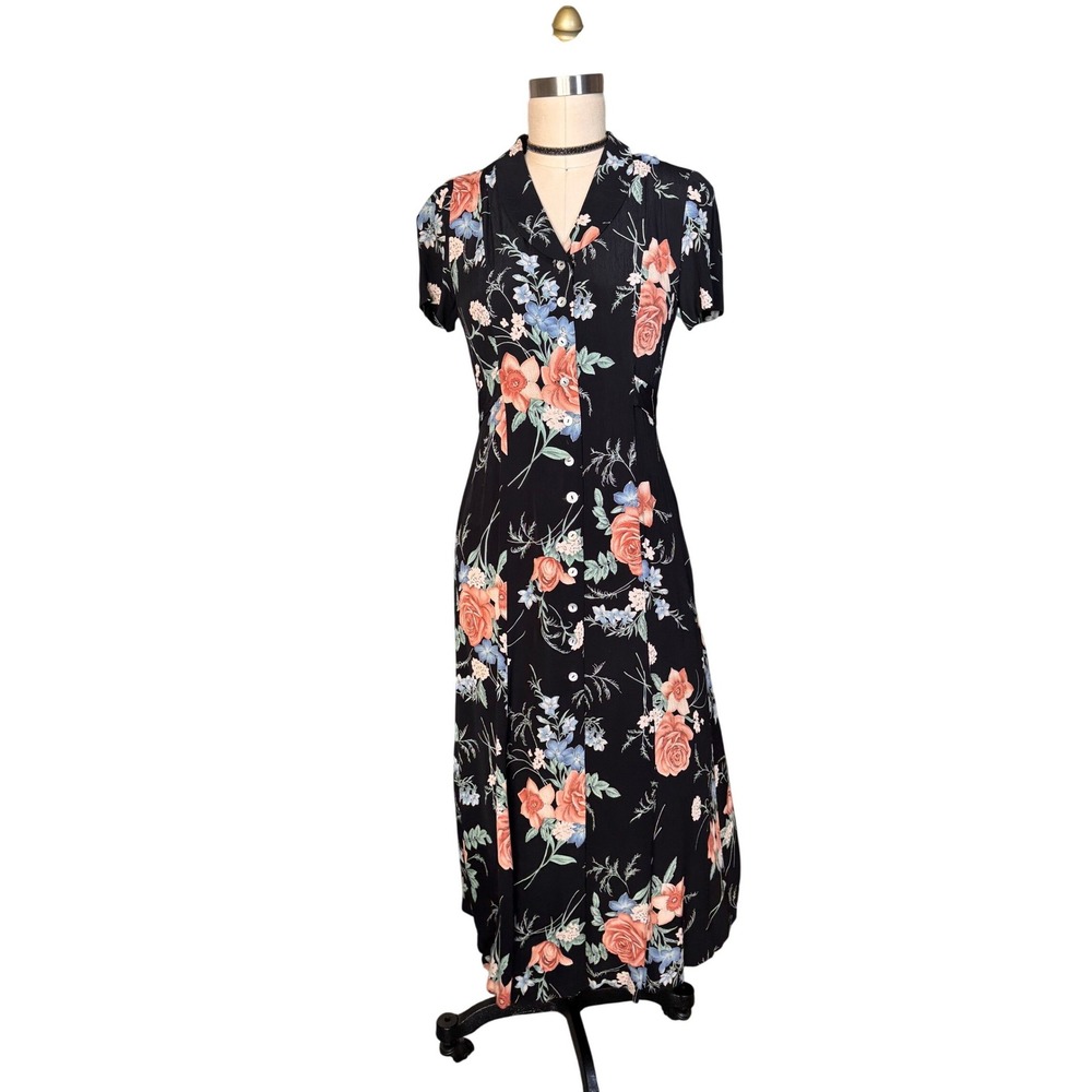 David Warren Floral Button Front Maxi Dress Adjustable Waist SZ 6 Black Vintage